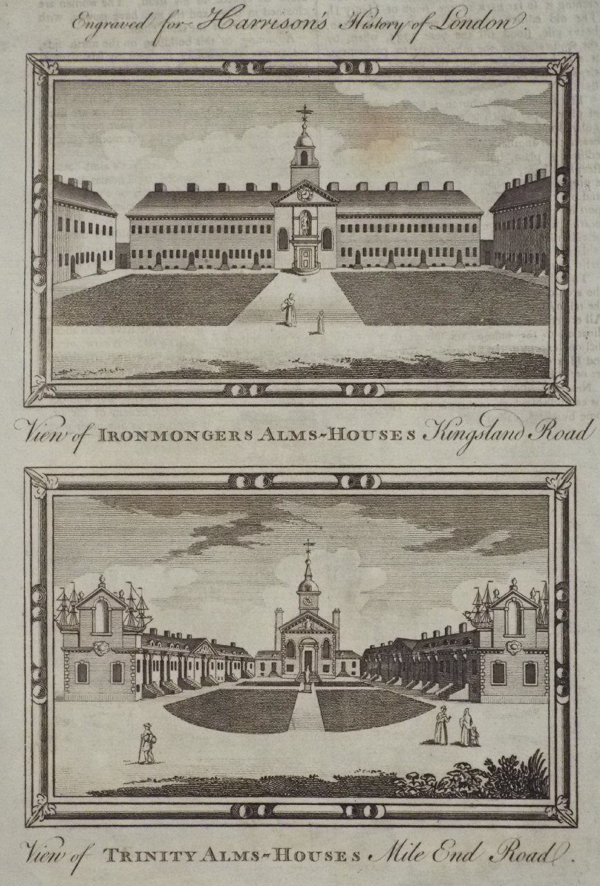 Print - View of Ironmongers Alms-Houses Kingsland Road. View of Trinity Alms-Houses, Mile End Road